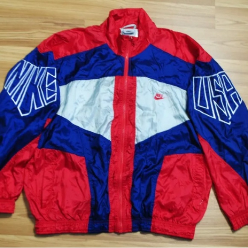VINTAGE NIKE USA TRACK TOP MULTICOLOR FULL ZIP BIG LOGO SIZE MENS MEDIUM NYLON